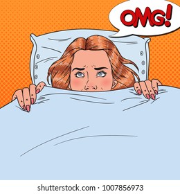 Pop Art Scared Young Woman Hiding in Bed. Afraid Girl Peeps Up Under the Blanket. Vector illustration