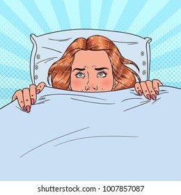 Pop Art Scared Young Woman Hiding in Bed. Afraid Girl Under the Blanket. Vector illustration