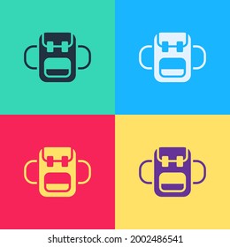 Pop art School backpack icon isolated on color background.  Vector