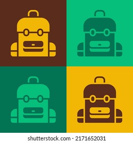 Pop art School backpack icon isolated on color background.  Vector