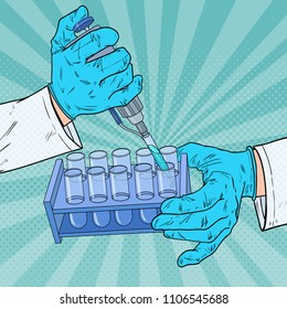 Pop Art Scientist Working with Medical Equipment. Chemical Analysis. Laboratory Test Tube. Scientific Research Concept. Vector illustration