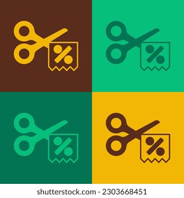 Pop art Scissors cuts discount coupon icon isolated on color background. The concept of selling in an online supermarket at low prices or half the cost.  Vector