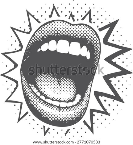 Pop art screaming mouth with halftone comic burst. Loud shout expression graphic for bold retro visuals. High contrast vector for posters, stickers, and edgy design.