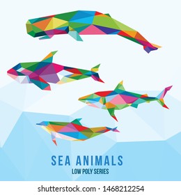 POP ART SEA ANIMALS LOW POLY LOGO ICON SYMBOL SET. TRIANGLE GEOMETRIC POLYGON