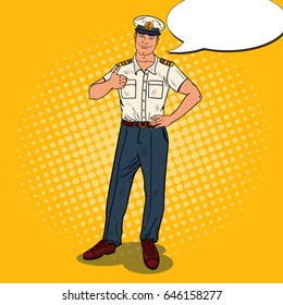 Pop Art Sea Captain Doing Thumb Up. Cruise Vacation. Vector illustration