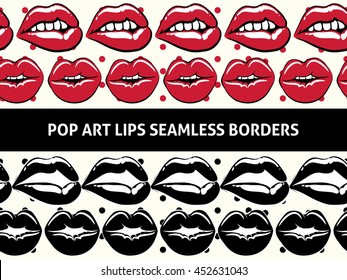 Pop art seamless borders with lips and polka dots design. Vector illustration
