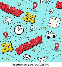 Pop art Seamless Delivery pattern. Comic elements with navigation, stars and car in cartoon style. Express delivery in 24 hours. Vector illustration for poster, banner or fast courier.
