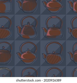 Pop art seamless pattern. Cast iron teapots for traditional Asian tea drinking. Blue brown colors. 