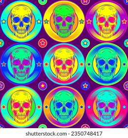 Pop art seamless pattern with circular labels with human skull, stars. Vintage inverted labels in fluorescent neon colors. Colorful bright illustration