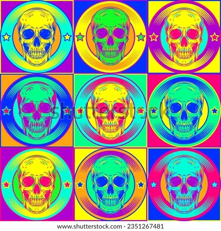 Pop art seamless pattern with circular labels with human skull, stars. Vintage inverted labels in fluorescent neon colors. Colorful bright illustration