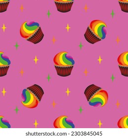 Pop art seamless pattern with colorful cupcakes and stars on a pink background. Seamless background with sweets. Retro design for fabric, wallpaper, wrapping paper. Vector illustration.