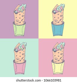 Pop art seamless pattern of doner kebab. Roll, chicken roll, fast food, kebab, shawarma. Cartoon style. Hand drawn vector illustration.