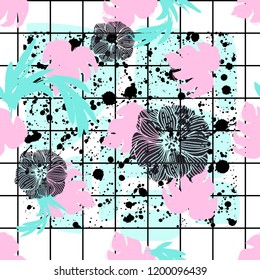 Pop Art Seamless Pattern with Exotic Leaves and Flowers , Brush and Unusual Shapes