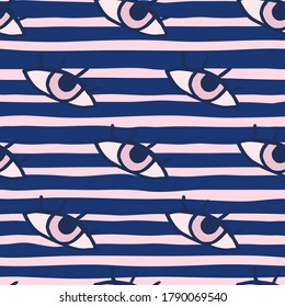 Pop art seamless pattern with eyes. Pink and blue stripped background. Bright stylized artwork. Designed for wallpaper, textile, wrapping paper, fabric print. Vector illustration.