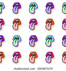 Pop art seamless pattern. Female lips with protruding tongue pop art card. Hand draw vector illustration
