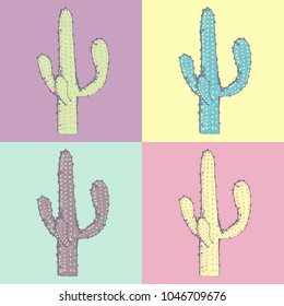Pop art seamless pattern with hand drawn  cactus. Blooming Mexican desert plants. Botanical vector illustration for backdrop, wrapping paper, textile print, wallpaper.