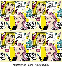 Pop art seamless pattern.  Hand drawn women with speech bubbles. Colorful cartoon vector illustrations. 