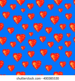 Pop art seamless pattern. Pixel hearts on blue background