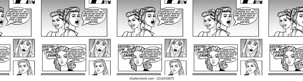 Patrón transparente de arte pop. Mujeres de historietas retro con burbuja del habla. 
