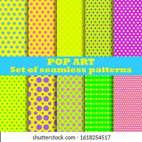 Pop Art seamless pattern set. Dotted pop art background in retro style. Vector illustration