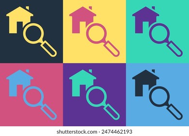 Pop art Search house icon isolated on color background. Real estate symbol of a house under magnifying glass.  Vector