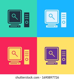Pop art Search on computer screen icon isolated on color background. Screen and magnifying glass.  Vector Illustration