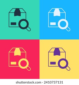 Pop art Search package icon isolated on color background. Parcel tracking symbol. Magnifying glass and cardboard box. Logistic and delivery.  Vector