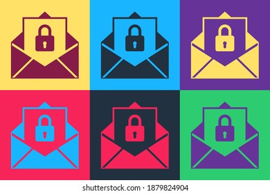 Pop art Secure mail icon isolated on color background. Mailing envelope locked with padlock. Vector.