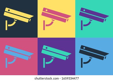 Pop art Security camera icon isolated on color background.  Vector Illustration