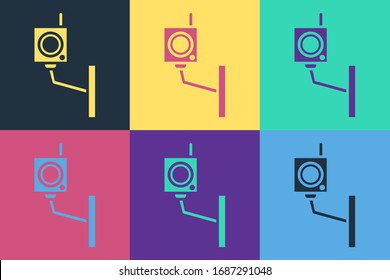 Pop art Security camera icon isolated on color background.  Vector Illustration