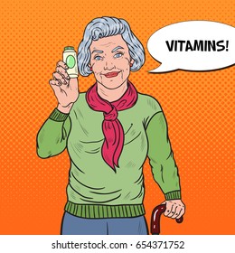 Pop Art Senior Happy Woman with Pills. Health Care. Vector illustration
