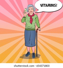 Pop Art Senior Happy Woman with Vitamins. Health Care. Vector illustration