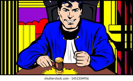 Pop Art Senior Judge in Courthouse Striking the Gavel. Law and Legal System. Judge knocks the hammer, decision is made. Clip Pop Art Retro style Comic Book Vector vintage hand drawn colored  cartoon