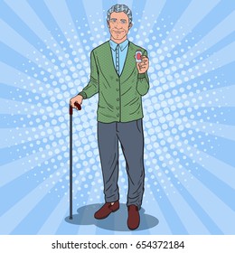 Pop Art Senior Man Holding Pills. Health Care. Vector illustration