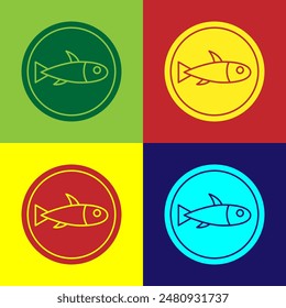 Pop art Served fish on a plate icon isolated on color background.  Vector