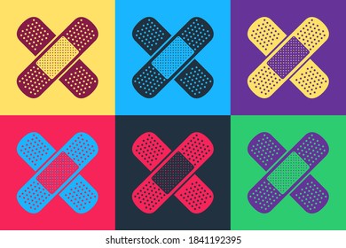 Pop art Set Bandage plaster icon isolated on color background. Medical plaster, adhesive bandage, flexible fabric bandage. Vector.