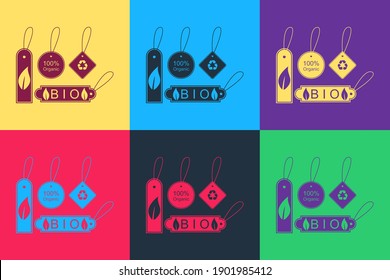 Pop art Set of banners, labels, tags, logos for eco green healthy foods icon isolated on color background. Organic products. Healthy food stickers. Vector.
