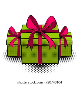 Pop art set collection gift box beautiful ribbon for holiday birthday, christmas. Comic book vector halftone sketch illustration. Vintage retro wow party cartoon poster. Advertise sale.