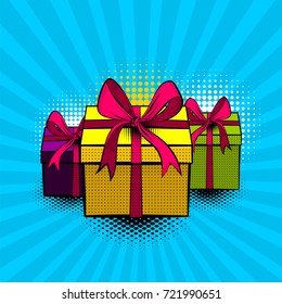 Pop art set collection gift box beautiful ribbon for holiday birthday, christmas. Comic book vector halftone sketch illustration. Vintage retro wow party cartoon poster. Advertise sale.