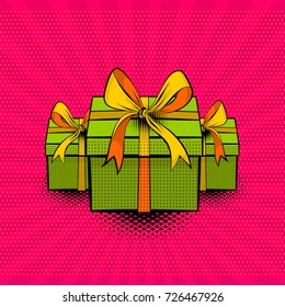Pop art set collection gift box beautiful ribbon for holiday birthday, christmas. Comic book vector halftone sketch illustration. Vintage retro wow party cartoon poster. Advertise sale.