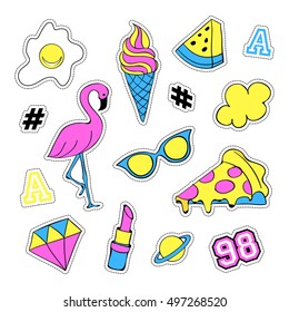 Pop art set with fashion patch badges and different elements. Stickers, pins, patches, quirky, handwritten notes collection. 80s-90s style. Trend. Vector illustration isolated. Vector clip art.