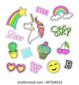 Conjunto de arte pop con insignias de parche de moda y diferentes elementos. Pegatinas, pasadores, parches, extravagante colección de notas manuscritas. Estilo 80-90. Tendencia. Ilustración vectorial aislada. Imagen de clip vectorial.