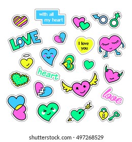 Pop art set with fashion patch badges and different hearts. Stickers, pins, patches, quirky, handwritten notes collection. 80s-90s style. Trend. Vector illustration isolated. Vector clip art.