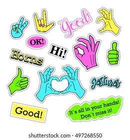 Pop art set with fashion patch badges and different hands. Stickers, pins, patches, quirky, handwritten notes collection. 80s-90s style. Trend. Vector illustration isolated. Vector clip art.
