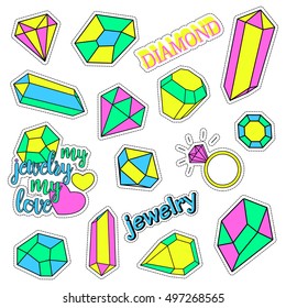 Pop art set with fashion patch badges and different diamonds, jewelry. Stickers, pins, patches, quirky, handwritten notes collection. 80s-90s style. Trend. Vector illustration isolated. Clip art.