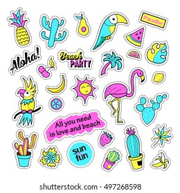 Pop art set with fashion patch badges and different tropical elements. Stickers,pins,patches,quirky,handwritten notes collection. 80s-90s style. Trend. Vector illustration isolated.Vector clip art.