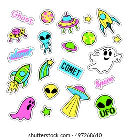 Pop art set with fashion patch badges and different ufo elements. Stickers, pins, patches, quirky, handwritten notes collection. 80s-90s style. Trend. Vector illustration isolated. Vector clip art.