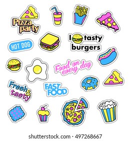 Pop art set with fashion patch badges and different fast food elements. Stickers,pins,patches,quirky, handwritten notes collection. 80s-90s style. Trend. Vector illustration isolated.Vector clip art.