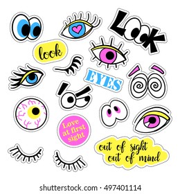 Pop art set with fashion patch badges and different eyes. Stickers, pins, patches, quirky, handwritten notes collection. 80s-90s style. Trend. Vector illustration isolated. Vector clip art.