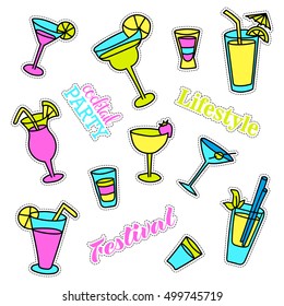 Pop art set with fashion patch badges. Cocktails. Stickers, pins, patches, quirky, handwritten notes collection. 80s-90s style. Trend. Vector illustration isolated. Vector clip art